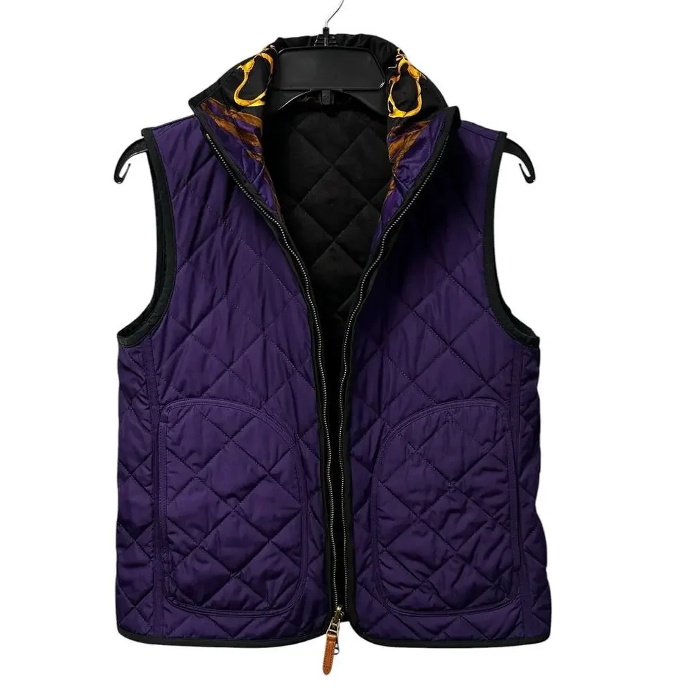Lauren Ralph Lauren Black Purple Equine Reversible Quilted Zip Up Vest Small